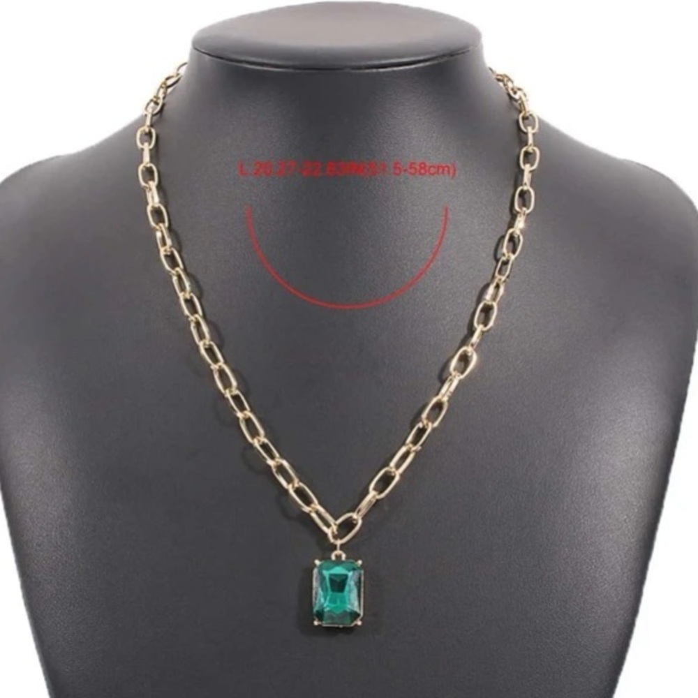 Stunning Geometric Emerald Green & Gold Chunky Bold Chain Necklace - Picture 6 of 10